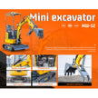 HENGWANG HW-12 mini crawler excavator promotional infographic, CE ISO EPA certified compact digger with stable movement, 360-degree rotation, strong power and wear-resistant thumb bucket for landscaping construction