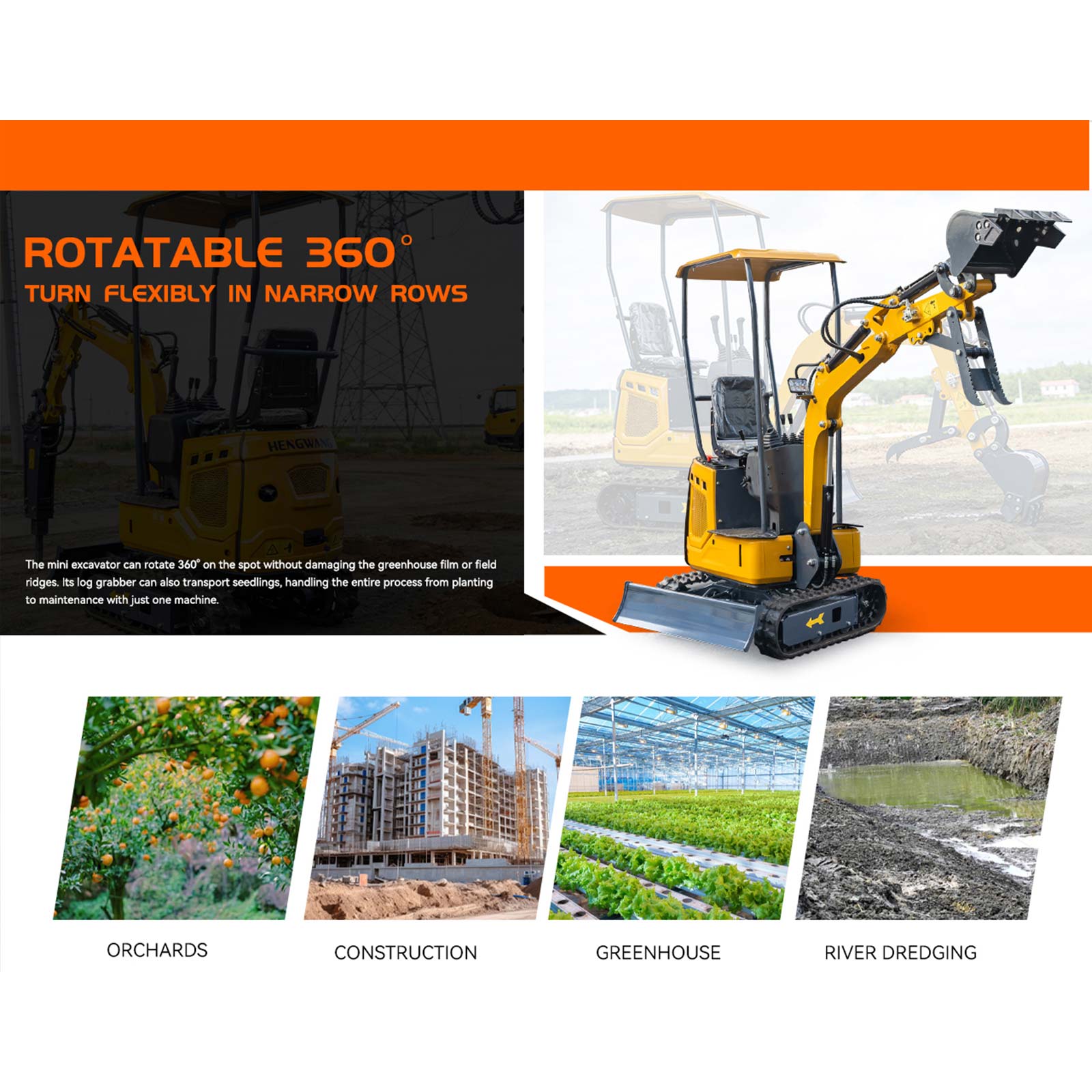 HENGWANG mini excavator infographic featuring 360-degree in-place rotation, flexible operation for narrow spaces, application scenarios including orchards, construction sites, greenhouses and river dredging