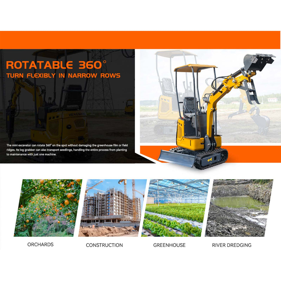 HENGWANG mini excavator infographic featuring 360-degree in-place rotation, flexible operation for narrow spaces, application scenarios including orchards, construction sites, greenhouses and river dredging