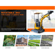HENGWANG mini excavator infographic featuring 360-degree in-place rotation, flexible operation for narrow spaces, application scenarios including orchards, construction sites, greenhouses and river dredging