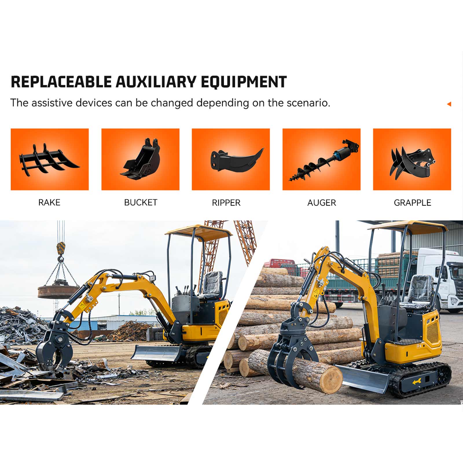 HENGWANG mini excavator replaceable attachments infographic, including rake, digging bucket, ripper, auger drill and log grapple, multi-function small crawler digger with interchangeable auxiliary equipment
