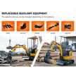 HENGWANG mini excavator replaceable attachments infographic, including rake, digging bucket, ripper, auger drill and log grapple, multi-function small crawler digger with interchangeable auxiliary equipment