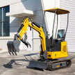 Yellow HENGWANG mini crawler excavator with standard digging bucket and ripper claw, compact small digger with rubber tracks and sun canopy, outdoor factory front shot