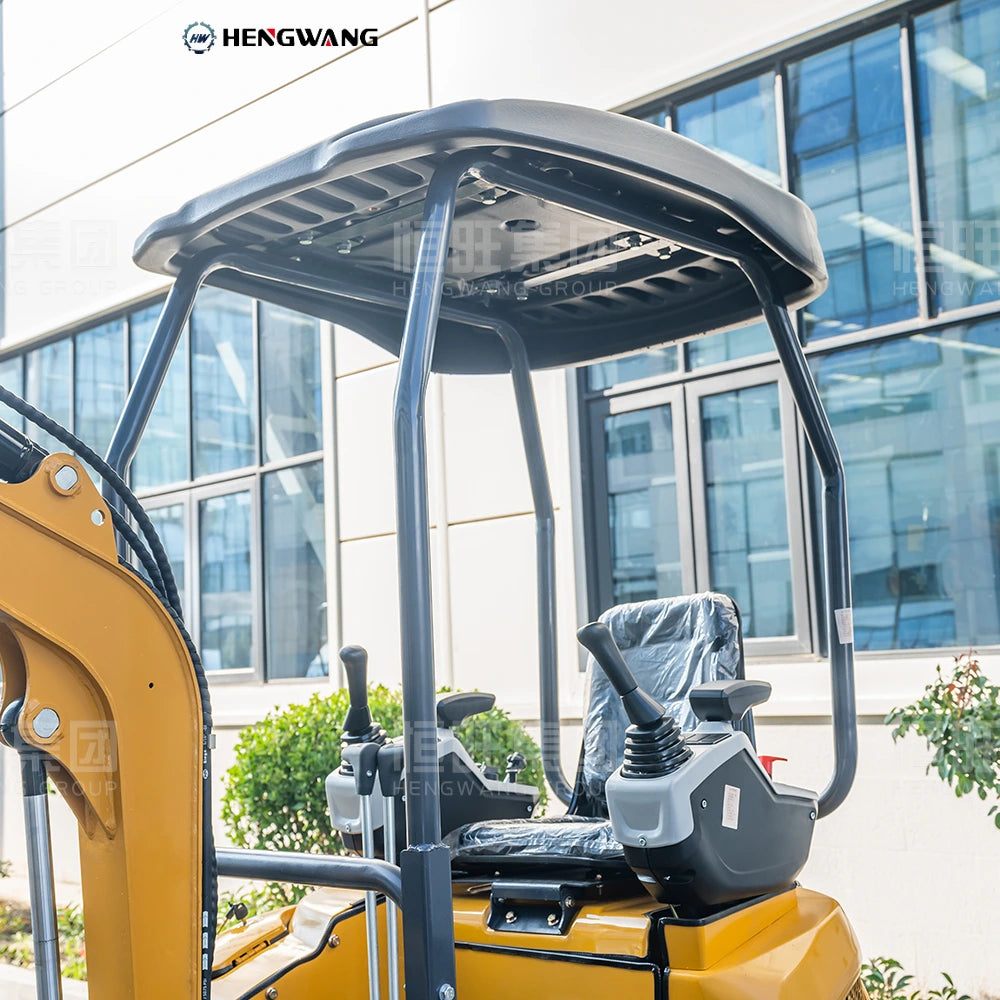 Protective canopy and operator seat with pilot joystick controls on Hengwang HW-13W 1.3 ton mini excavator