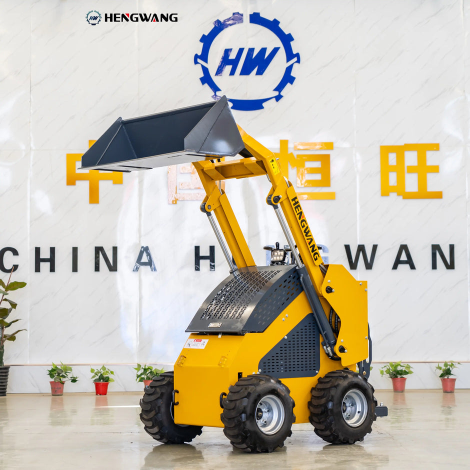 Mini skid steer loader with bucket raised, showing 1,510 mm dumping height for easy material handling in tight spaces