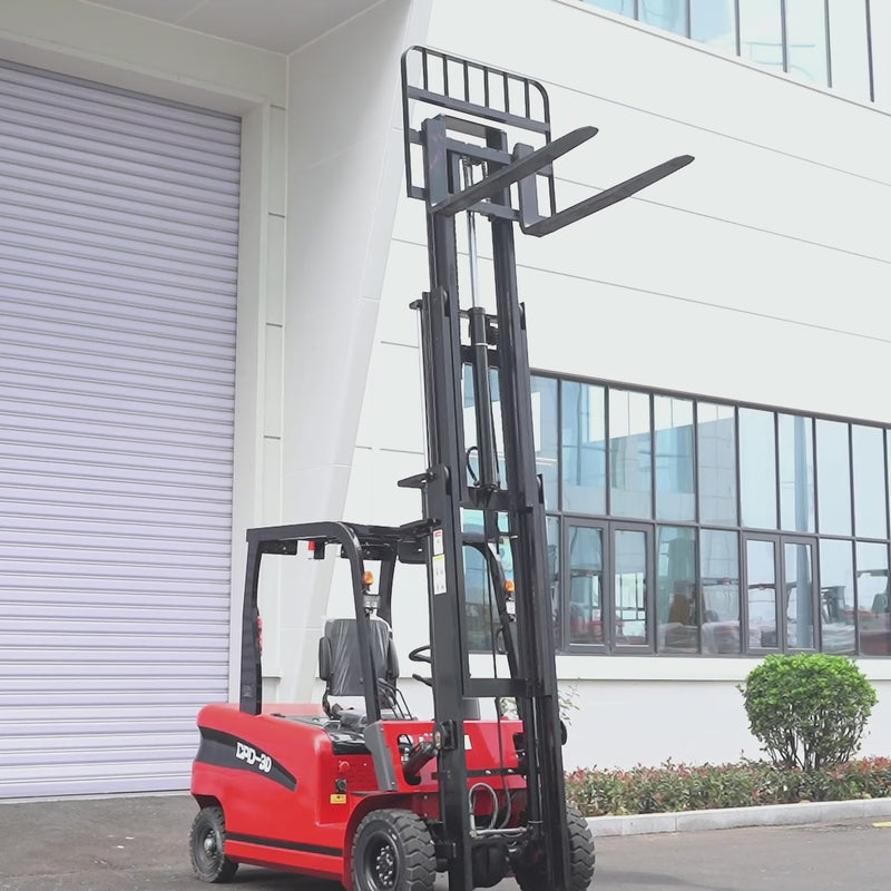 Product demonstration video of a HENGWANG CPD-30 6,500 lb 60V battery electric forklift, showing a full walkaround of the red four-wheel counterbalance forklift, operator console with steering wheel and hydraulic control levers, three-stage mast lifting to maximum height with 48-inch pallet forks, and warehouse material handling performance.
