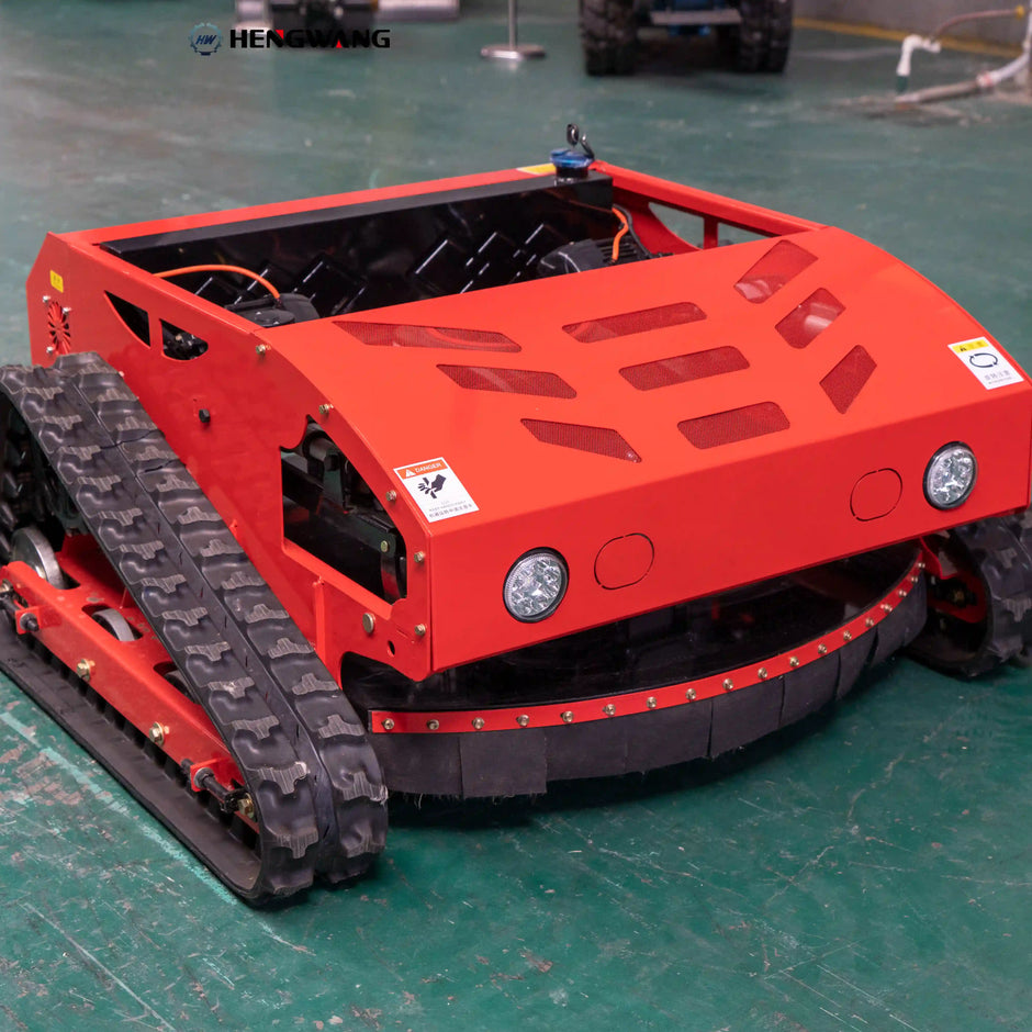 16HP remote control tracked lawn mower with 80cm cutting deck, red body and rubber tracks