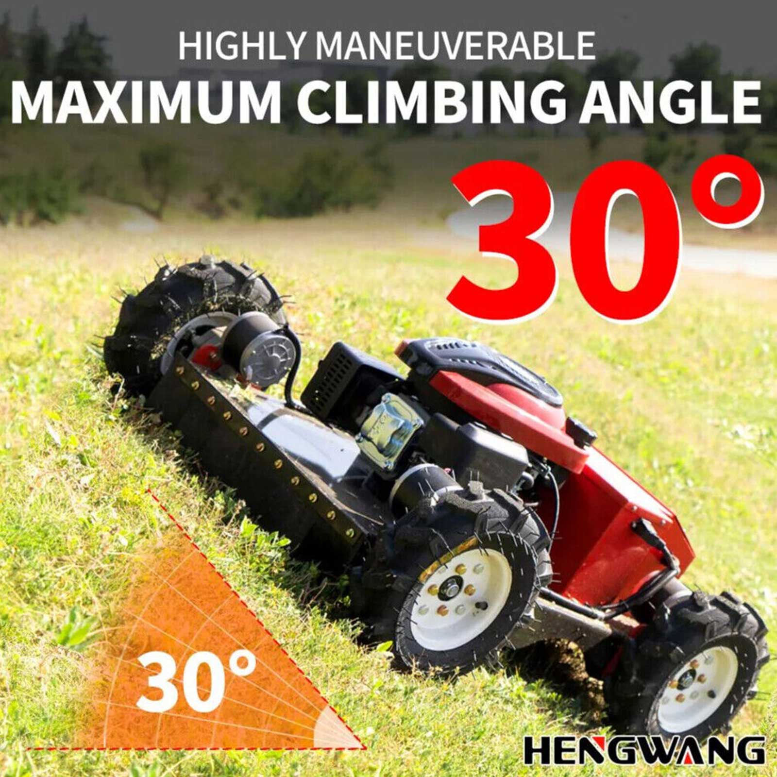 Hengwang remote control lawn mower climbing 30 degree steep slope, 4WD off-road robotic grass cutter for hilly yards and ranches
