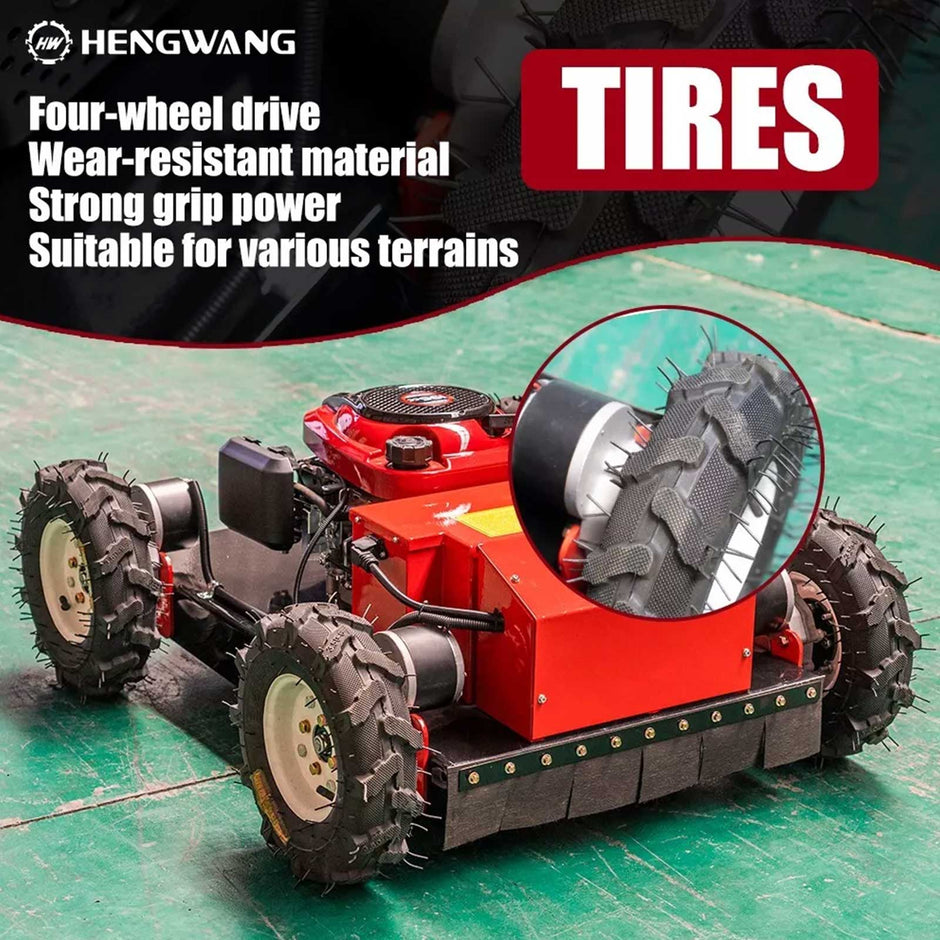 Hengwang 4WD remote lawn mower with wear-resistant deep tread tires, strong traction for all uneven terrains