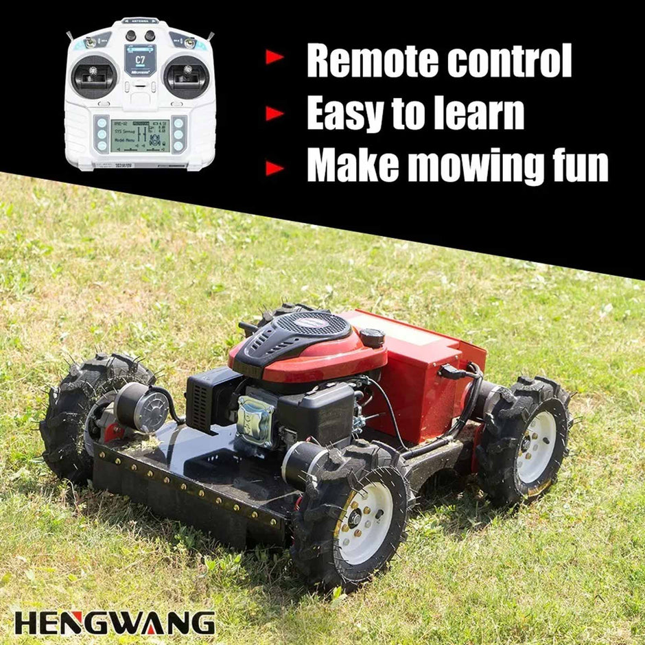 Hengwang remote control lawn mower with C7 wireless transmitter, easy-to-operate 4WD robotic grass cutter for yards and farms