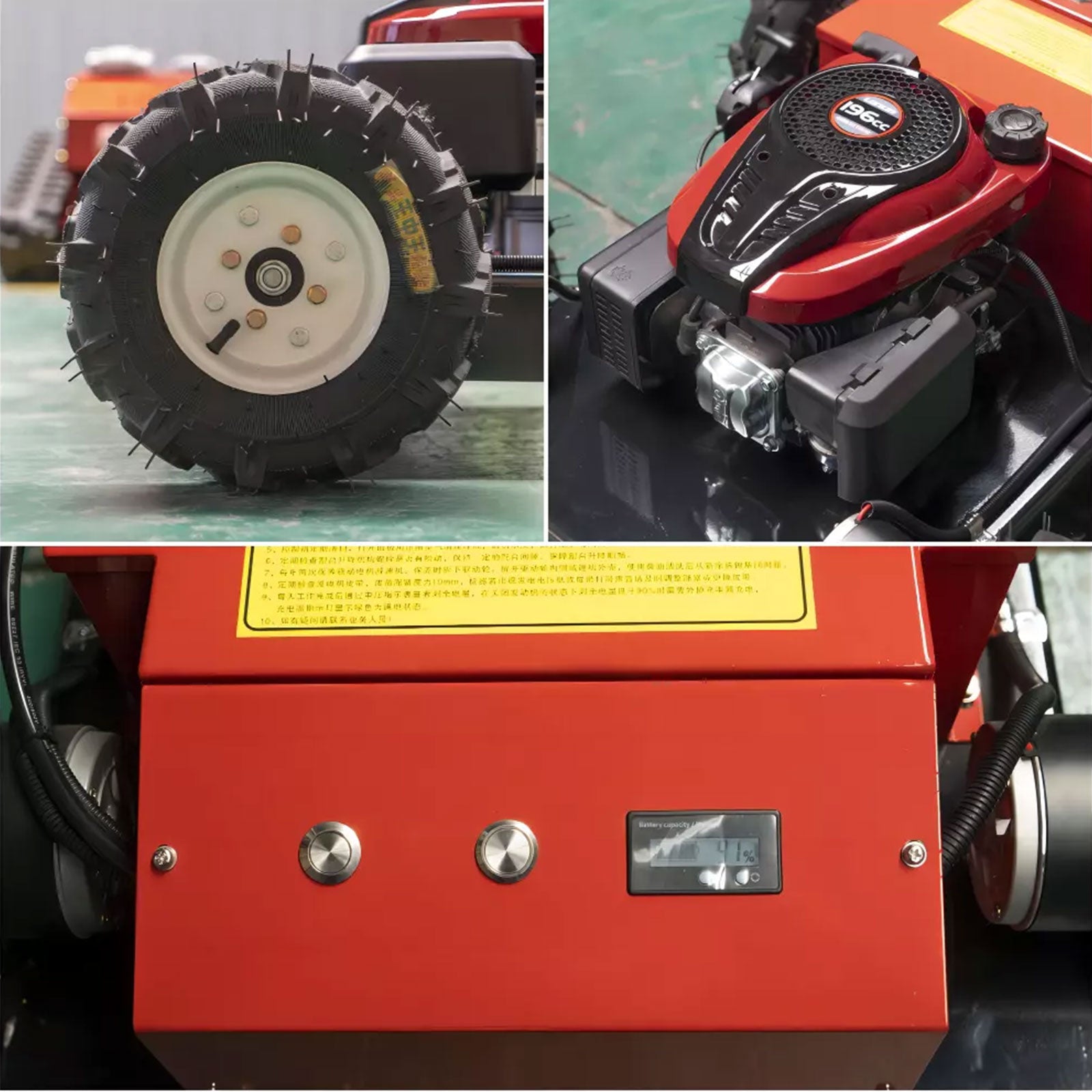 Hengwang remote lawn mower close-up collage: heavy-duty off-road tires, 196cc gasoline engine, digital control panel with operation buttons
