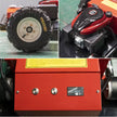 Hengwang remote lawn mower close-up collage: heavy-duty off-road tires, 196cc gasoline engine, digital control panel with operation buttons
