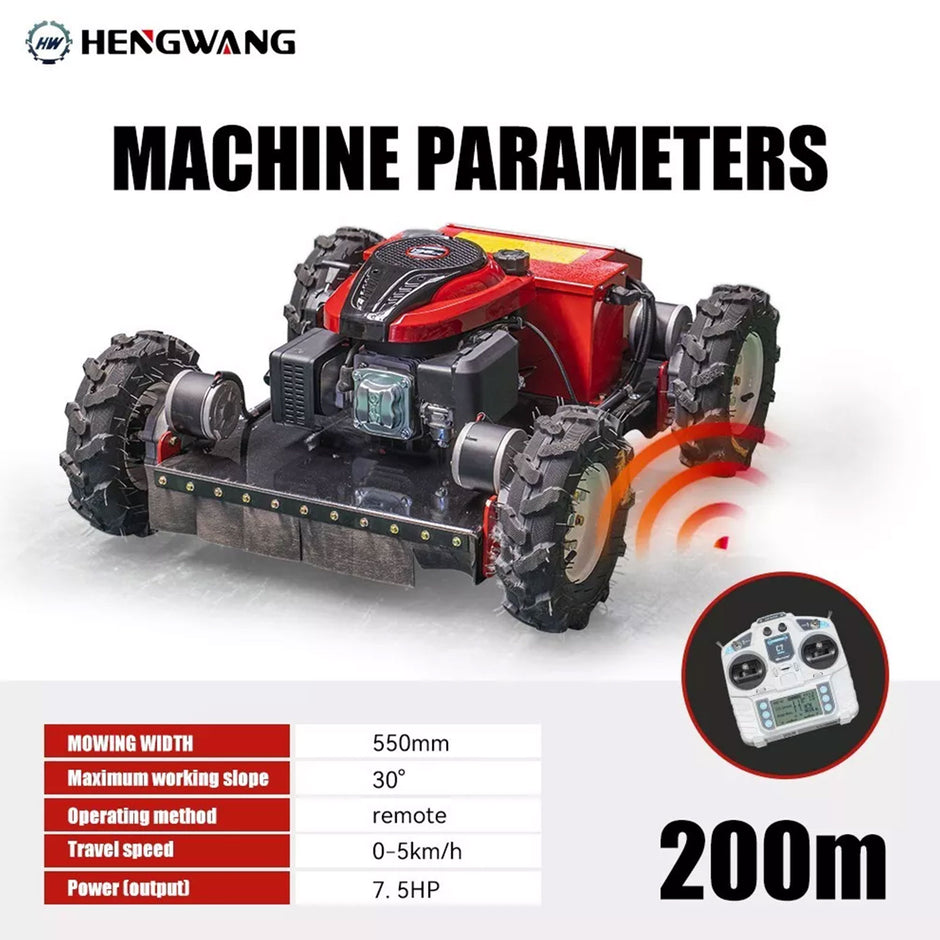 Hengwang HW196-55 remote lawn mower specification chart, 550mm cutting width, 30° climbing angle, 200m remote range, 7.5HP power