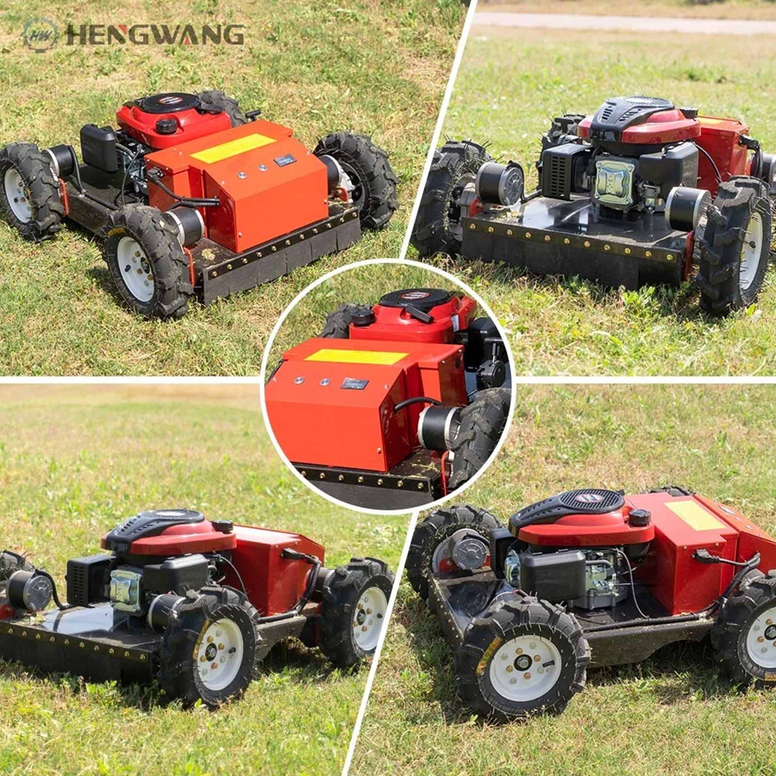 Collage of Hengwang HW196-55 remote control 4WD lawn mower working on grass lawns, multi-angle outdoor shots