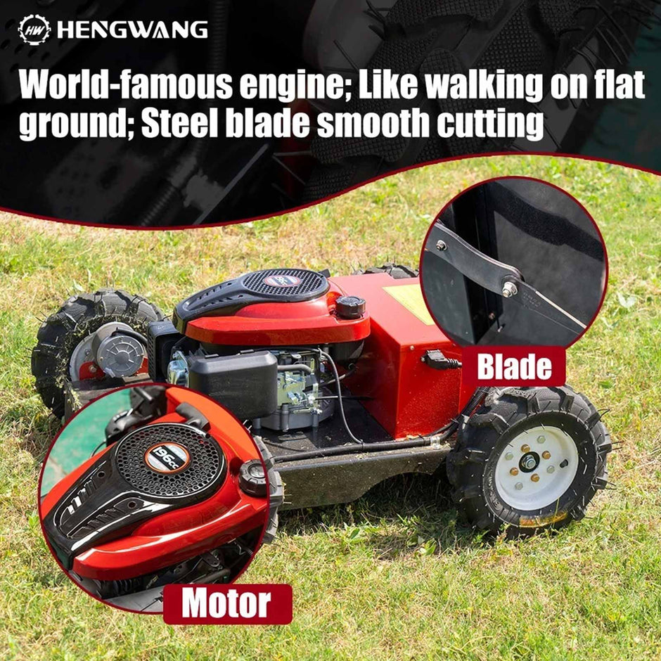 Hengwang remote lawn mower close-up, featuring Loncin 196cc gasoline engine and heavy-duty steel cutting blades for smooth grass trimming