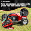 Hengwang remote lawn mower close-up, featuring Loncin 196cc gasoline engine and heavy-duty steel cutting blades for smooth grass trimming