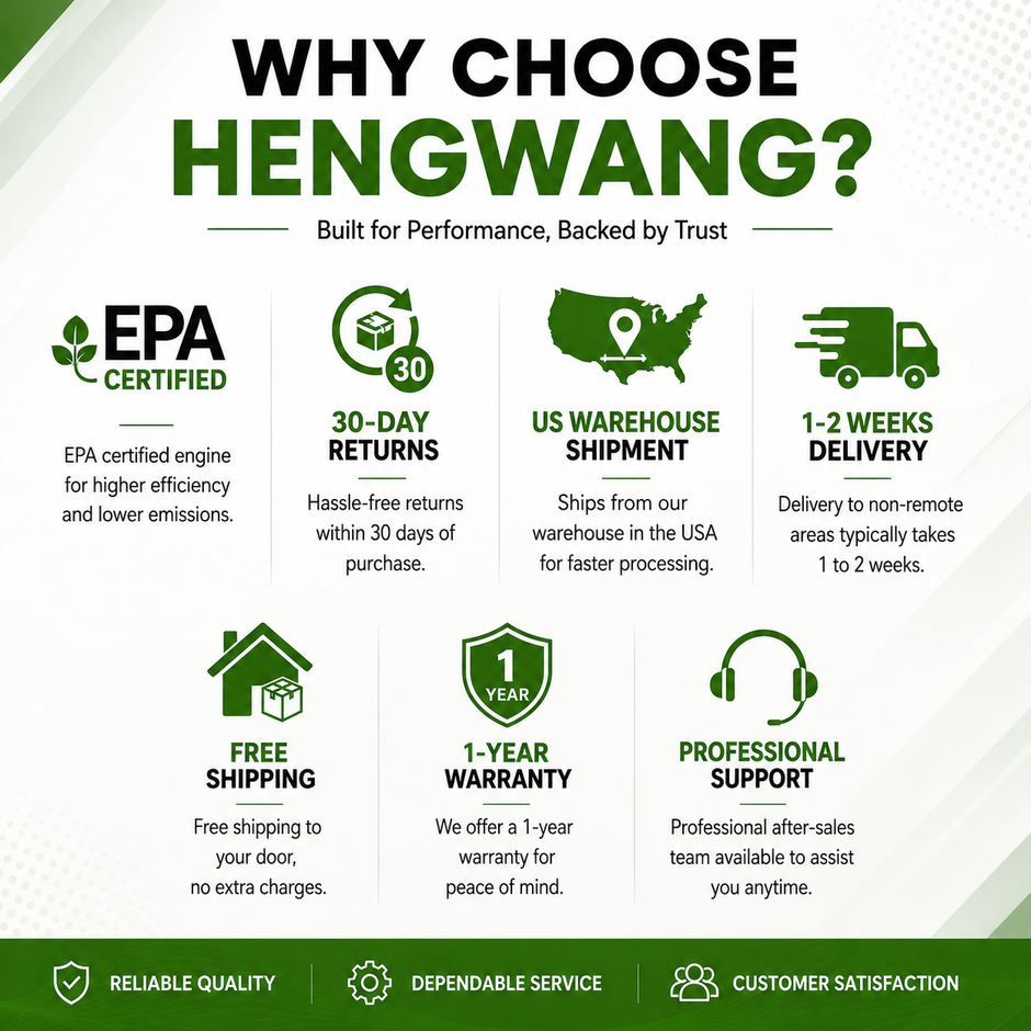 Why Choose HENGWANG infographic, EPA certified engine, US local warehouse fast shipping, free delivery, 30-day return, 1-year warranty and professional after-sales support for construction machinery