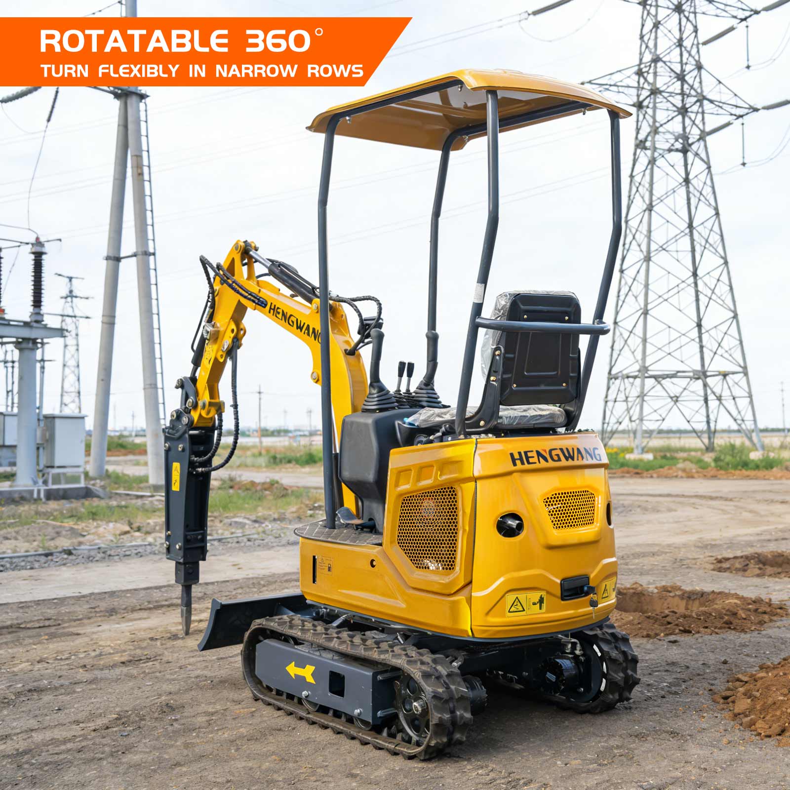Rear side shot of HENGWANG mini crawler excavator fitted with hydraulic breaker hammer, featuring 360-degree full rotation for flexible work in narrow farm rows, equipped with rubber tracks and sun canopy roof, outdoor construction site background