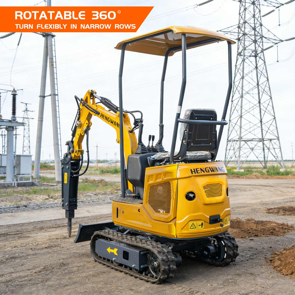 Rear side shot of HENGWANG mini crawler excavator fitted with hydraulic breaker hammer, featuring 360-degree full rotation for flexible work in narrow farm rows, equipped with rubber tracks and sun canopy roof, outdoor construction site background