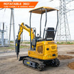 Rear side shot of HENGWANG mini crawler excavator fitted with hydraulic breaker hammer, featuring 360-degree full rotation for flexible work in narrow farm rows, equipped with rubber tracks and sun canopy roof, outdoor construction site background